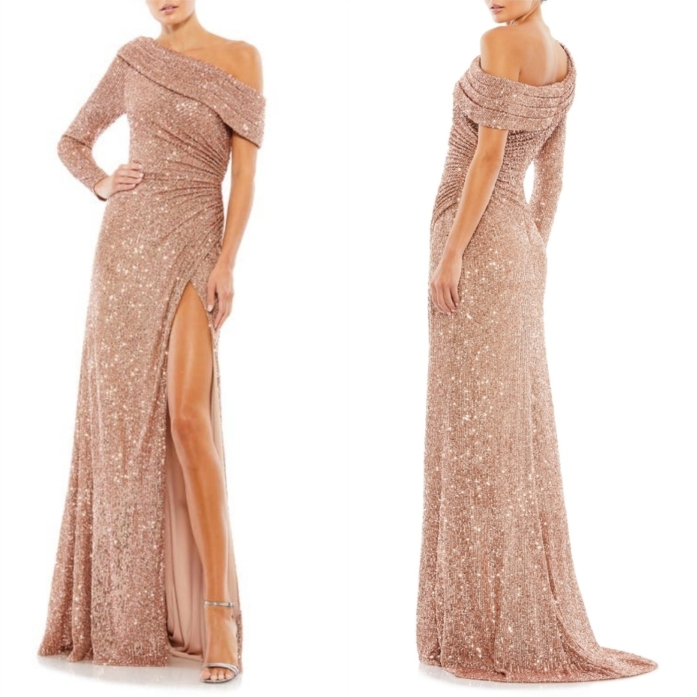 Mac Duggal Copper Sequined Drop Shoulder Faux Wrap Gown